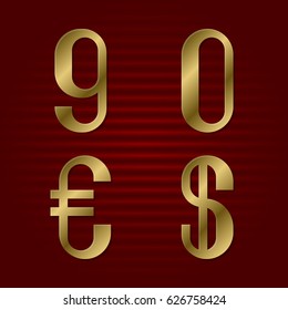 Nine, zero isolated golden numbers, dollar and euro signs. Presentable gold font.