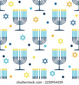 Nine-branched candelabrum Hanukkah menorah or hanukkiah and Star of David Jewish symbol vector seamless pattern