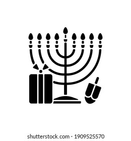 Neunverzweigtes menorah schwarze Glyphe Symbol. Symbol des Judentums. Hanukka Feier. Candelabrum mit 9 Ständen. Kerzenlicht-Zeit. Silhouette-Symbol auf weißem Raum. Vektorgrafik einzeln