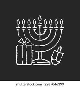 Nine-branched menorah chalk white icon on black background. Judaism symbol. Hanukkah celebration. Candelabrum with 9 stands. Candle-lighting time. Isolated vector chalkboard illustration