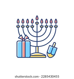 Nine-branched menorah RGB color icon. Judaism symbol. Hanukkah celebration. Candelabrum with 9 stands. Key Jewish emblem. Candle-lighting time. Religious significance. Isolated vector illustration