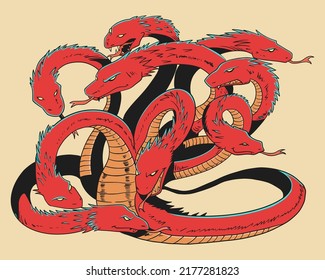 The nine-headed Hydra is a dragon. Vector Illustration