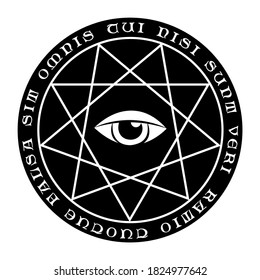 Nine-pointed star with text and an all seeing eye in the middle, black and white vector emblem 