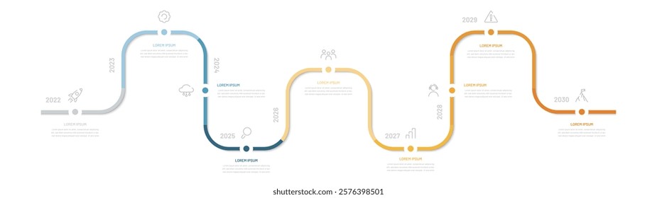 A nine-step timeline. A diagram for displaying the steps to achieve a goal. A diagram for a website, presentation, or booklet. Modern infographics with dates