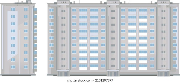 Nine-story eastern European building in front and side view isolated, old soviet building architecture flat style, Ukrainian apartment building, city high-rise building