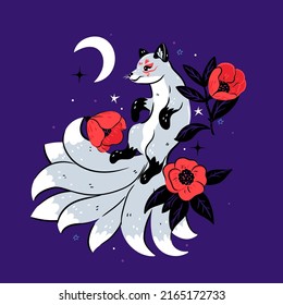 Nine-tailed fox and camellia flowers on a purple background. Vector graphics.