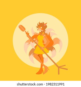 the nine-tailed fox lady is singing, an illustration showing a nine-tailed fox woman singing while holding a mic under the moonlight. This vector is suitable for singing, music, concerts, party