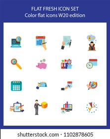 Nineteen agenda flat vector icons collection on white background. Can be used for topics like business, planning, strategy, management, appointment