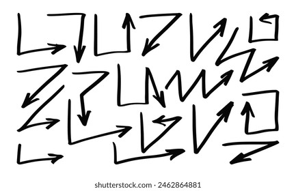 Nineteen broken handwritten arrows of various configurations. Set of vector doodles and squiggles