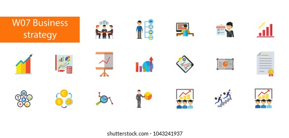 Nineteen busines strategy flat vector icons collection on white background. Can be used for topics like development, marketing, planning, workflow