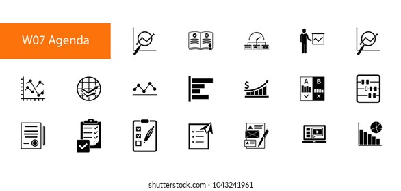 Nineteen business research flat vector icons collection on white background. Can be used for topics like agenda, financial report, presentation, marketing