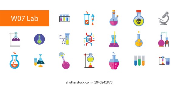 Nineteen chemical laboratory flat vector icons collection on white background. Can be used for topics like science, medicine, pharmacy, education