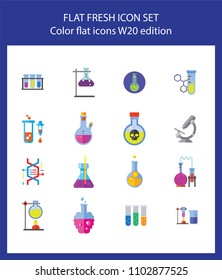 Nineteen chemical laboratory flat vector icons collection on white background. Can be used for topics like science, medicine, pharmacy, education