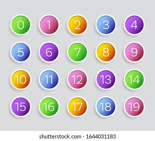 Nineteen colorful round vector numbers icons with shadow