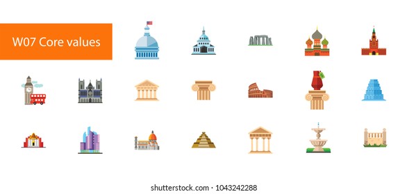 Nineteen core values flat vector icons collection on white background. Can be used for topics like architecture, travelling, building, sightseeing