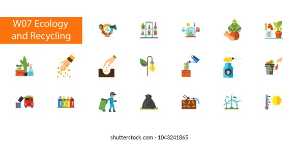 Nineteen ecology and recycling flat vector icons collection on white background. Can be used for topics like planting, gardening, floriculture, cultivation