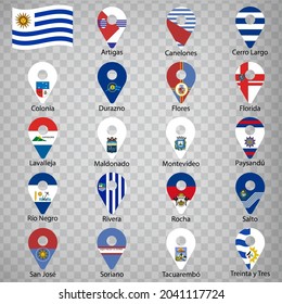 Nineteen  flags the Departments of Uruguay -  alphabetical order with name.  Set of 2d geolocation signs like flags Departments of Uruguay . Nineteen  one 2d geolocation signs for your design. EPS10