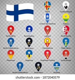 Nineteen flags the Regions of Finland -  alphabetical order with name.  Set of 2d geolocation signs like flags Regions of Finland.  Nineteen 2d geolocation signs for your design. EPS10