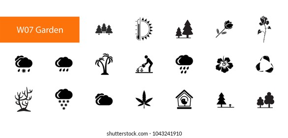 Nineteen garden flat vector icons collection on white background. Can be used for topics like horticulture, cultivating plant, greenhouse, weather