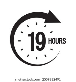 Nineteen hours icon. Bold 19 text. Circular clock symbol. Countdown timer graphic.