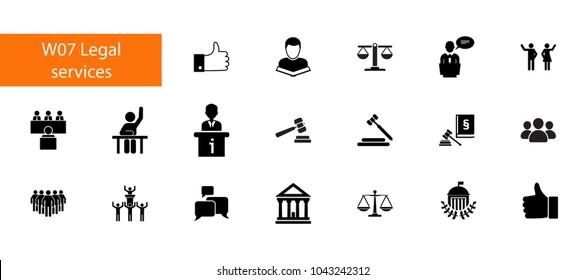 Nineteen law flat vector icons collection on white background. Can be used for topics like legal services, court, independence, freedom struggle, voting, justice