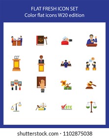 Nineteen legal service flat vector icons collection on white background. Can be used for topics like court, justice, sentence, election