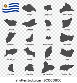 Nineteen Maps  Departments of Uruguay  - alphabetical order with name. Every single map of Regions are listed and isolated with wordings and titles.  Oriental Republic of Uruguay. EPS 10.