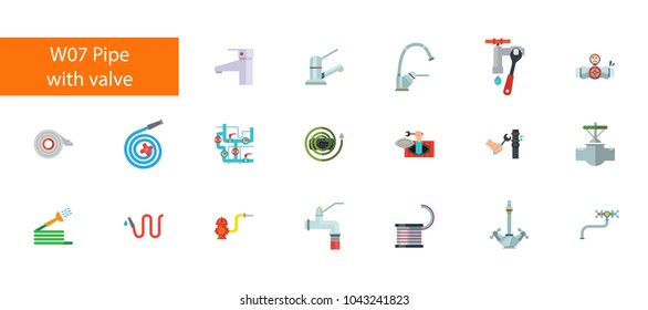 Nineteen plumbing flat vector icons collection on white background. Can be used for topics like sanitary, household, service, fixing pipe