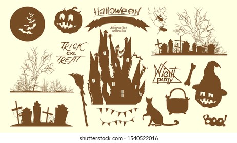 Nineteen silhouettes of images for Halloween. Castle, cemetery, pumpkin, cat, moon, spider web and more. Vector set