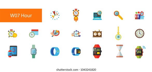 Nineteen time flat vector icons collection on white background. Can be used for topics like clock, watch, alarm, reminder