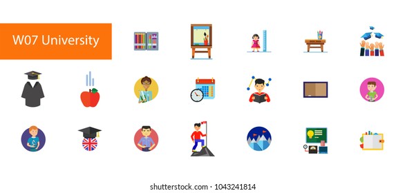 Nineteen university flat vector icons collection on white background. Can be used for topics like school, education, graduation, studying