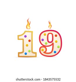 Nineteen years anniversary, 19 number shaped birthday candle with fire isolated on white