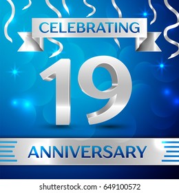 Nineteen Years Anniversary Celebration Design. Confetti and silver ribbon on blue background. Colorful Vector template elements for your birthday party. Anniversary ribbon