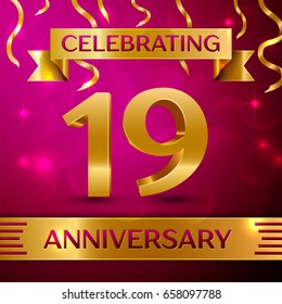 Nineteen Years Anniversary Celebration Design. Confetti and golden ribbon on pink background. Colorful Vector template elements for your birthday party. Anniversary ribbon