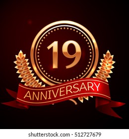 Nineteen years anniversary celebration with golden ring and ribbon.