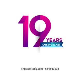 nineteen years anniversary celebration logotype colorfull design with blue ribbon, 19th birthday logo on white background