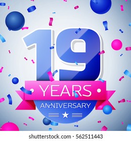 Nineteen years anniversary celebration on grey background. Anniversary ribbon