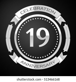 Nineteen years anniversary celebration with silver ring and ribbon on black background. Vector illustration