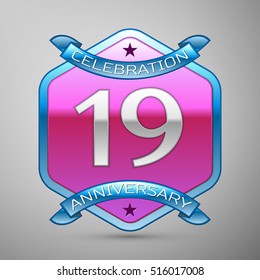 Nineteen years anniversary celebration silver logo with blue ribbon and purple hexagonal ornament on grey background.