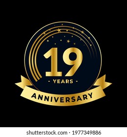 Nineteen Years Anniversary Gold and Black Badge Isolated Vector