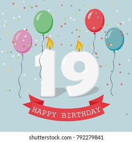 Nineteen years anniversary greeting card with candles, confetti and balloons. 