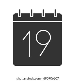 Nineteenth day of month glyph icon. Date silhouette symbol. Wall calendar with 19 sign. Negative space. Vector isolated illustration