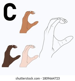 "С" is the nineteenth letter of the alphabet in sign language, Russian. Black and white hand drawing, and by skin tones. Vector illustration