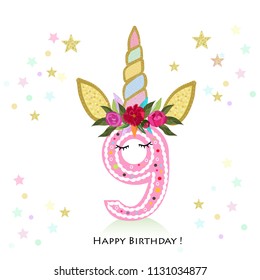 Noveno cumpleaños. Nueve. Invitación al cumpleaños de Unicornio. Tarjeta de bienvenida de invitación de la fiesta