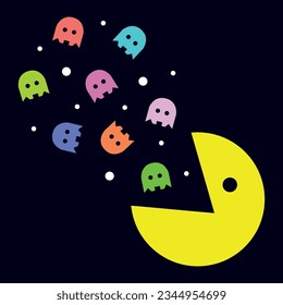 nineties console joystick retro trend vintage millenniums geometry ghost maze octopus pacman yellow colorful background backdrop wrapping print wallpaper video game over 90s 80 vector children sketch