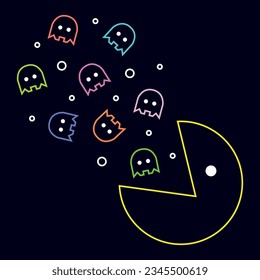 nineties console joystick retro trend vintage millenniums geometry ghost maze octopus pacman yellow colorful background backdrop wrapping print wallpaper video game over 90s 80s memphis icon