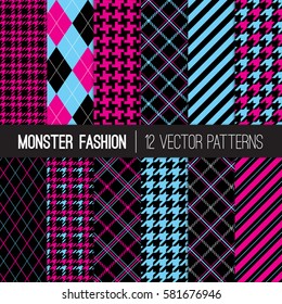 Nineties Grunge Fashion Patterns in Neon Pink, Blue and Black. Preppy Monster Dolls Backgrounds. Fluorescent Colors Houndstooth Tweed, Tartan Plaid, Stripes and Argyle. Pattern Tile Swatches Included.