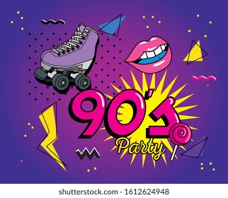 nineties lettering with retro icons vector illustration design