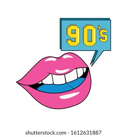 nineties sign with lips retro style isolated icon vector illustration design