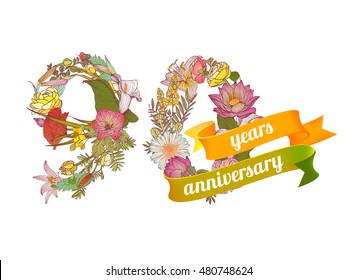 ninety (90) years anniversary sign of floral digits